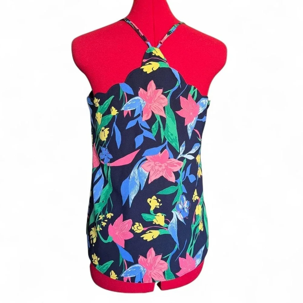 J Crew Multicolored Sleeveless Racerback Tank Top Scalloped Blouse Preppy‎
